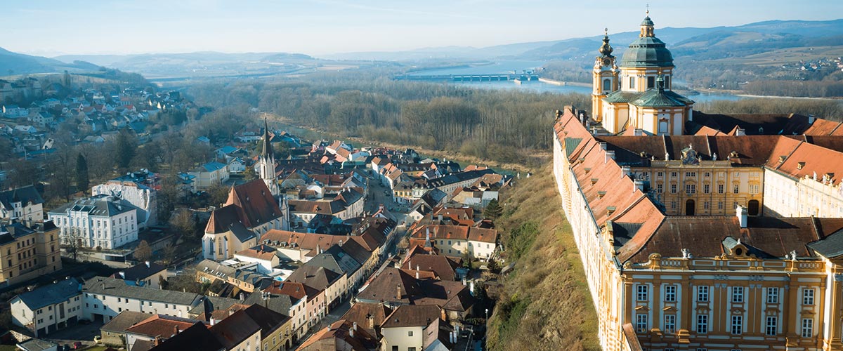 A view over Melk and Melk Abbey in winter